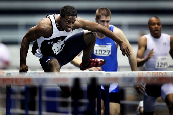 Neaman Wise of Lake Brantley High takes first in the 55-meter hurdles on Saturday in the O’Connell Center.