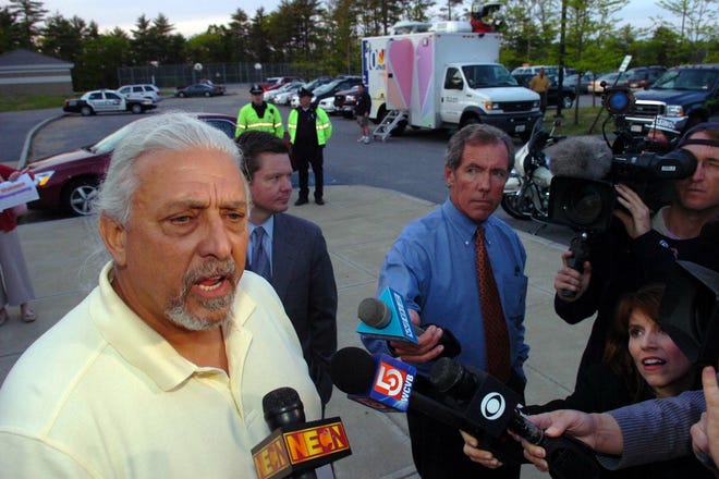 Glenn Marshall, Wampanoag Tribal Chairperson, holds a press conference outside the John T. Nichols Jr. Middle School in Middleboro on May 22, 2007.