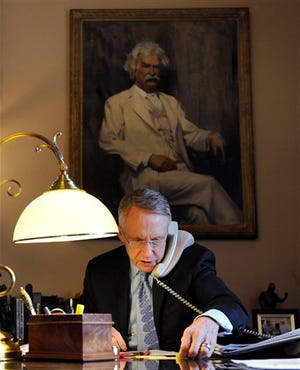 Senate Majority Leader Harry Reid of Nev. works the phones from his office on Capitol Hill in Washington, Wednesday, Feb. 11, 2009. (AP Photo/Susan Walsh)