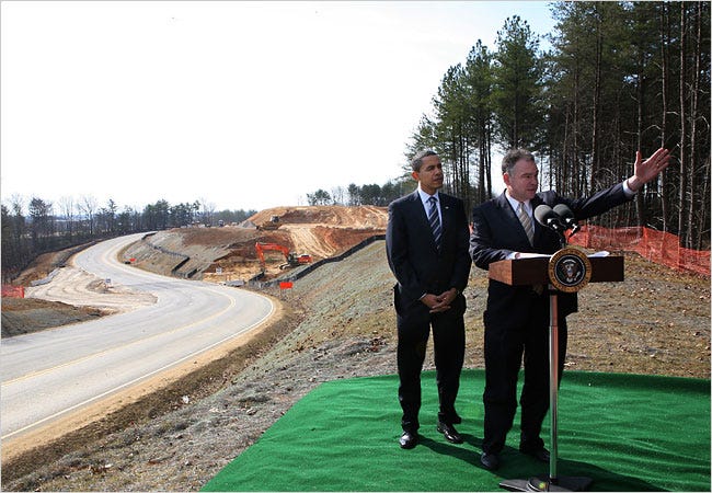 President Obama and Gov. Tim Kaine on Wednesday at a parkway project in Springfield, Va., that could get stimulus money.