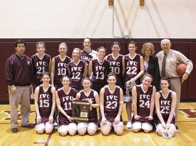Regional champs once more: The varsity girls’ basketball team celebrates its Regional victory Thursday at Illinois Valley Central High School. Pictured are, from left, front: Allison Schultz, Mikayla Vail, Jessica Strong, Ellen Pearson, Emma Hoerr and Erma O’Brien. Back: assistant coach Alex Razo, D.J. Gibler, Kelsey Brooke, Jenna Magee, Laci Peterson, Megan Otto, Chelsy Stumbaugh, Heather Davis, assistant coach Gayle Rundall and head coach Paul Mercer. The team beat the Peoria Christian Chargers, 41-23, to take the Regional title.