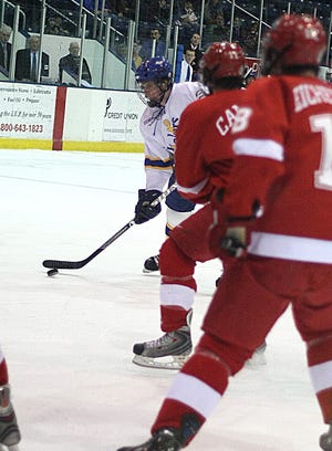 Lake Superior State's Dillin Stonehouse shoots and scores on the Miami RedHawks Friday night. It was the only goal of the weekend however for LSSU, which fell 2-1 and 4-0 against Miami.