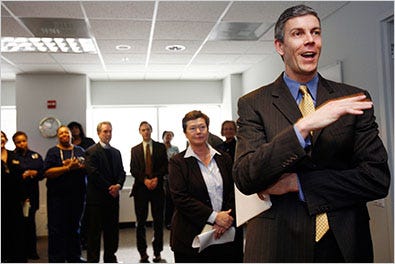Arne Duncan, newly appointed secretary of education, at the Office of Postsecondary Education in Washington in January.