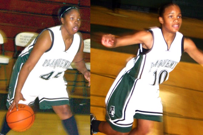 SHARE TITLE…Solid play by senior Brittany Brown, left, and first-year varsity player Brianna Arnold helped Plaquemine High notch a share of the District 9-3A hoop crown. Brusly’s win Friday over St. Charles helped the Lady Green Devil cause.