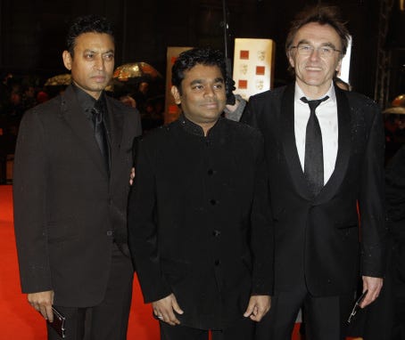 --FILE-- This Feb.8, 2009 file photo shows Indian actor Irrfan Khan, left, Indian composer A. R. Rahman, center, and British director Danny Boyle, right, arrive at the British Academy Film Awards 2009 at The Royal Opera House in London, England. (AP Photo/Joel Ryan,File)