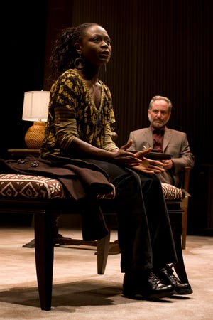 Azmera (Zainab Jah) visits Philip (Mark Zeisler), a hypnotherapist, to help her with her anger and the trouble she's having concentrating in Merrimack Rep's "Tranced."