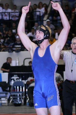 Special to the Times-UnionClay's Garrett Soileau celebrates after winning the Class 1A 130-pound state championship.