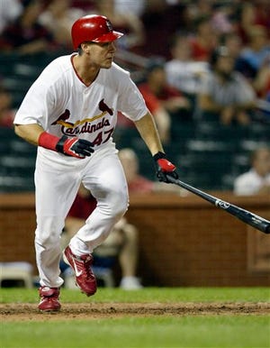 In this Aug. 5, 2008 file photo, St. Louis Cardinals' Ryan Ludwick watches his game winning two-run home run in the 11th inning against the Los Angeles Dodgers in a MLB baseball game in St. Louis.  Ludwick and the St. Louis Cardinals agreed to a $3.7 million, one-year contract and avoided an arbitration hearing that was scheduled for Tuesday, Feb. 16, 2009. (AP Photo/Tom Gannam)