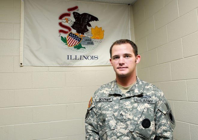 25-year-old Sgt. Benjamin Booher of Litchfield, Ill., is an Illinois National Guard recruiting and retention officer.