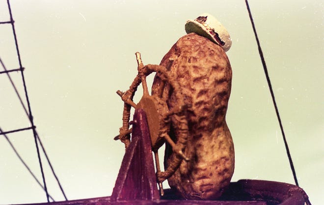 The title character of Ron McAdow's "Captain Silas," a stop-animation film starring peanuts made in the early 1970s, steers his ship.
