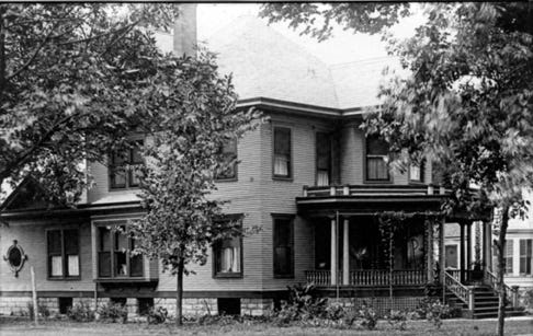 Maria Owen built this home at 413 N. Main St. in 1899, just 10 years before she died at the age of 97. It then was sold to Agnes Sells. In 1936, when Raleigh J. Harris Sr. purchased the house, it was being used as a boarding house. He remodeled it for use as a mortuary. The Montgomery home at the right was demolished at a later date.