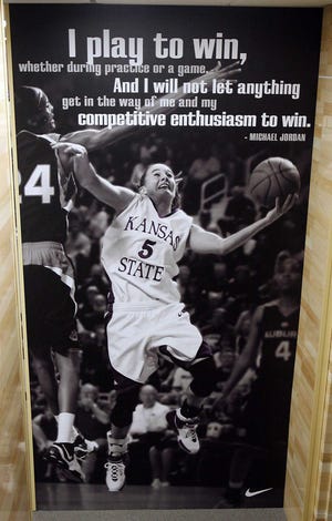 Shalee Lehning, who will be honored today at Bramlage Coliseum, already is a hall of famer of sorts at Kansas State. This large photo of Lehning graces one of the walls in a hallway of K-State's locker room.