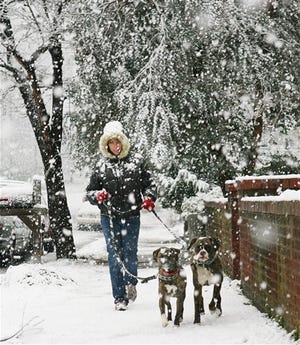 Rose Barron of Candler Park walks her dogs Sapphire (left) and Link through the neighborhood during a snowy Sunday in Atlanta. A powerful March snowstorm blanketed much of Alabama and then marched across Georgia on Sunday, forcing some flight cancellations in Atlanta as the East Coast braced for a potential pummeling amid winter storm warnings.