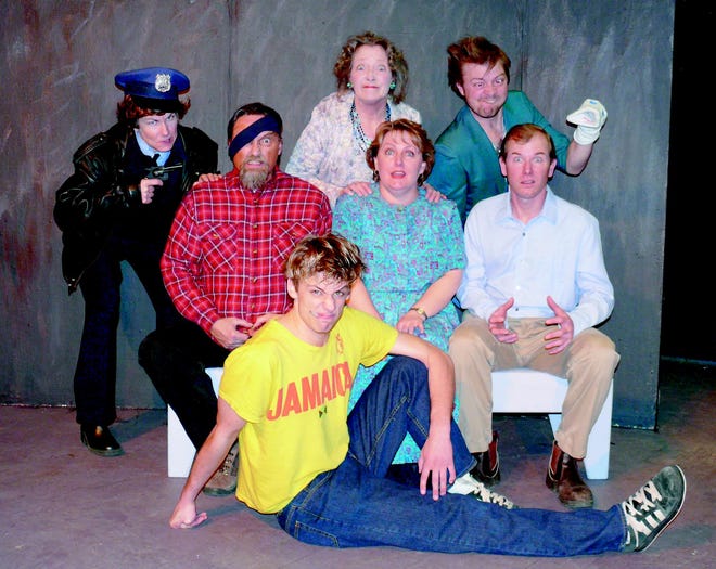 Standing from left are “Fuddy Meers” cast members Lacey Williams, Linda Neal and Peter Townley. Seated from left are John Timm, Tonya Jester, Rod Merys, and Kellen Martin (floor).