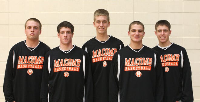 Macomb High seniors Brett Glaser, Michael Pendergast, James Southerland, Davis Hendrickson and Eric Mutch (left to right) will lead the Bomber basketball squad to Riverton today for an IHSA Class 2A Sectional semifinal against St. Teresa.
