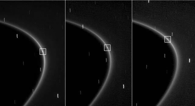 This sequence of three images, obtained by NASA's Cassini spacecraft over the course of about 10 minutes, shows the path of a newly found moonlet in a bright arc of Saturn's faint G ring.