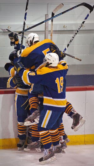 Norwell players celebrate after scoring a goal to take a 1-0 lead in the second period during their 4-1 victory over Blue Hills on Thursday night in a Div. 3 South Sectional semifinal in Bourne.