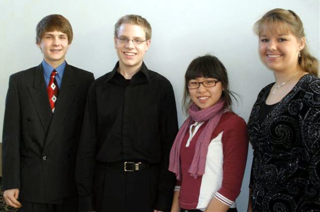 Topeka Symphony Youth Talent Auditions are, from left: Patrick Elisha, Topeka, second place, piano; Philip Marten, Shawnee, overall winner; Ga-Hee Lee, Lawrence, overall first runner-up; and Kourtney Pyle, Hiawatha, winner, vocals.