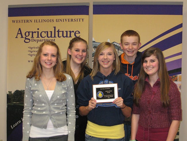The State Championship Ag Issues team from Orion FFA includes, from left, Amelia Martens, Alyssa Zwicker, Ali Seys, Ben Martens and Melissa Fielding. They will compete in nationals this fall.