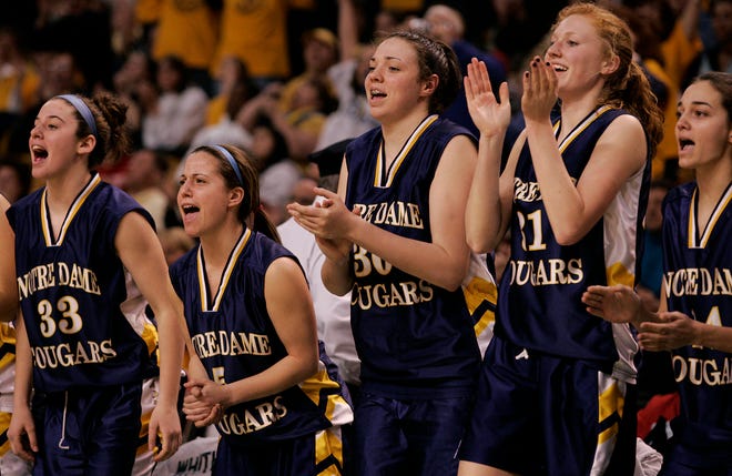 Notre Dame Academy players (from left) Bridget Costantino, Alicia Mosesso, Margaret Riordan, Michaela Cataldo and Robyn McClelland cheer on their teammates in the waning minutes of the Cougars' victory on Monday.