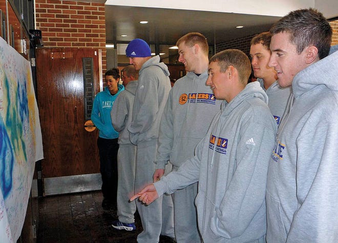A quartet of Lakers men’s basketball players were at a public sendoff for the team Thursday. “People who are invested in the program live and die by what you are doing,” said Bud Cooper. “We’re very happy for you. If you work hard as you always do, you’ll be successful.” The Lakers — including Matt Romatz, Micah Hudson, Kyle Hunt, and Matt Carr — are headed to Findlay, Ohio, to play in the NCAA Midwest Regional for the second time in team history, and the first since 1996. They play Northern Kentucky at noon Saturday. “We’re excited about the opportunity to cheer you on,” said LSSU president Rodney Lowman, who will travel to attend the game. “As for our great coach, Steve Hettinga, thanks for what you’ve done for the team and the university.”