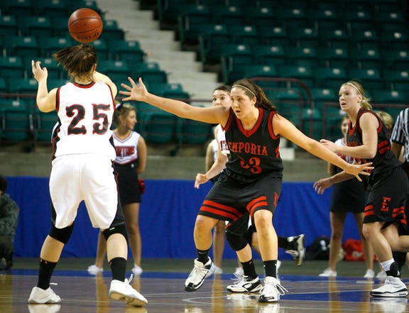 Semifinal action Friday afternoon in Class 5A girls basketball at the Kansas Expocentre in Topeka pitted the Emporia Saprtans, in black, against the Great Bend Panthers, in white. Great Bend won, 39-35.