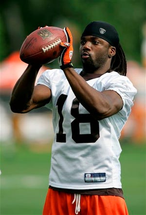 This is a July 25, 2008 file photo showing Cleveland Browns wide receiver Donte Stallworth working on his catches after practice at the team's football training camp in Berea, Ohio. Donte Stallworth says he is "grief stricken" over his car accident that killed a pedestrian on a busy causeway linking Miami and Miami Beach. Stallworth says in a statement released by the team Wednesday March 18, 2009, that his "thoughts and prayers are with" the family of Mario Reyes.