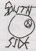The victim described a tattoo located on the robber's hand right hand between the thumb and finger as being an 8 ball with the words "South" written above the ball and "Side" written below.