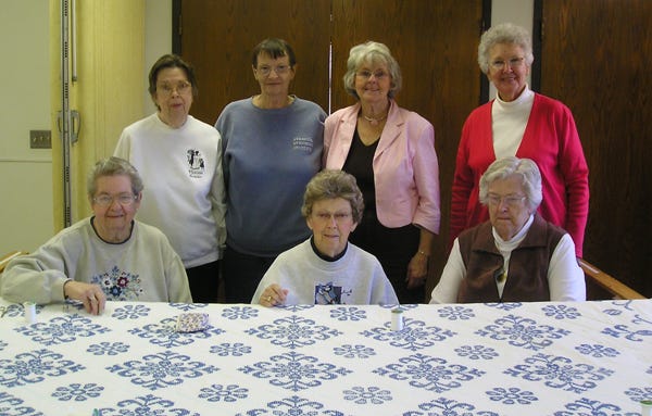 A group of women at Colona United Methodist Church meet weekly to quilt and share recipes. Pictured are, front row, from left: Arlene McLaughlin, Evelyn Kicksey and Donna Kellums. Back row, from left: Charlotte Schaab, Mary Carol Devey, Sharon Bloomberg and Barb Searle.