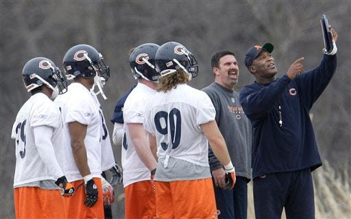 Chicago Bears head coach Lovie Smith, right, coaches the offensive scout team during the football mini camp in Lake Forest, Ill., Wednesday, March 18, 2009. (AP Photo/Charles Rex Arbogast)