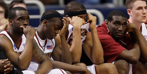 Boston College players can't hide their disappointment in the closing minutes of Friday night's NCAA opening-round loss to Southern California.