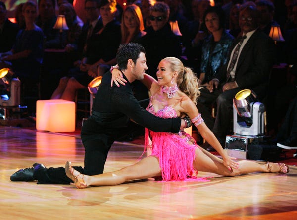 In this image released by ABC, Maksim Chmerkovskiy and his partner Denise Richards perform on the celebrity dance competition series, "Dancing with the Stars," Monday, March 9, 2009, in Los Angeles.