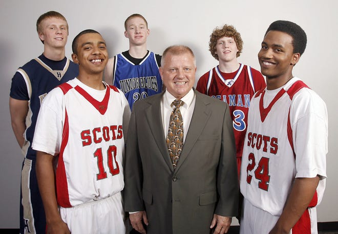 The All-City boys team, from left, Highland Park's Canon Fields, coach Ken Darting, Rico Richardson. Back row, from left, Hayden's Jeff Reid, Washburn Rural's Bobby Chipman and Seaman's Bryce Simons.