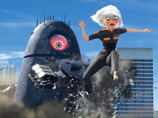 In this film publicity still released by DreamWorks Animation LLC, Ginormica, voiced by Reese Witherspoon, powers through the atmosphere in a scene from DreamWorks Animation's 3D film, "Monsters vs. Aliens