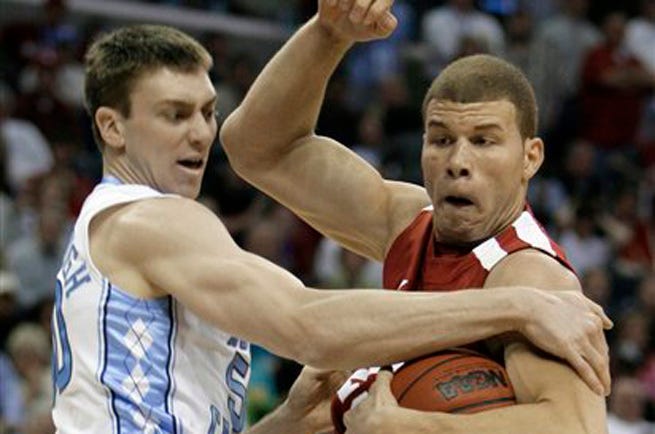 Tyler Hansbrough, left, and North Carolina held Oklahoma and Blake Griffin in check Sunday, earning a spot in the Final Four.
