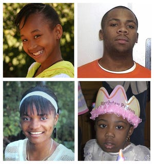 Police say Samantha Revelus, 17, bottom left, and her 5-year-old sister, Bianca, bottom, right, were killed by their brother, Kerby Revelus, 23, upper right, late Saturday afternoon at their Milton home. As Revelus chased after their 9-year-old sister, Saraphina, with a knife, police shot and killed him.