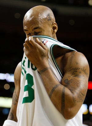 Stephon Marbury of the Celtics reacts to a foul against him during the fourth quarter of their 105-95 loss to the Detroit Pistons Sunday.