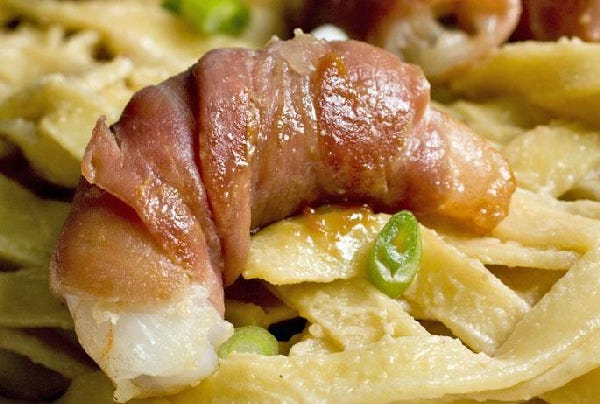 Prosciutto-wrapped Shrimp and Fettucini combines a classic from the Marche region of Italy with pasta.