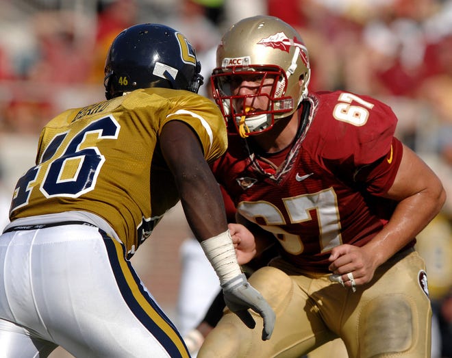RICK WILSON/The Times-UnionFlorida State offensive lineman Andrew Datko (right) prepares to block during a game against Chattanooga on Sept. 13, 2008.