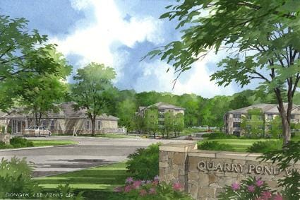 The plan for Quarry Pond Village calls for 180 apartments in four buildings at the former site of the American Athletic Club on East Main Street in Milford.