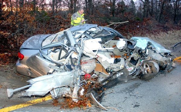 A 2004 Infiniti I35 sedan was traveling south on Route 28 in Bourne at about 4 a.m. yesterday when the driver, Douglas Bacchiocchi of Bourne, apparently lost control and crashed into a wooded area.