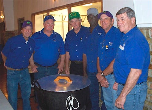 The Jambalaya Festival Association sponsored a jambalaya meal for the Ascension Parish Senior Citizen Sock Hop on March 27 at the St. Amant Park. From left are Q-Ball James, JFA President Wally Taillon, Lyle Schexnayder, Ike Williams, Richard Gautreau and Garney Gautreau.