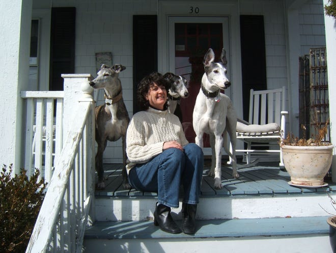 Sarah Norton with her greyhounds, from left, Timber, Birdie, and Dash.