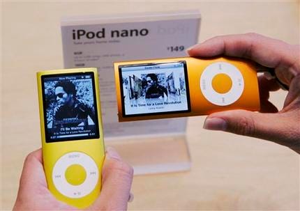 In this Sept. 11, 2008 file photo, Lenny Kravitz songs play on new Apple Nano media players at an Apple store in Palo Alto, Calif.