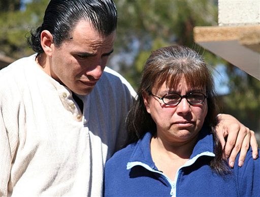 **ADVANCE FOR MONDAY, APRIL 13** This undated photo released by the ACLU shows Pedro Guzman along with his mother, Maria Carbajal in Lancaster Calif. (AP Photo/ACLU) ** NO SALES **