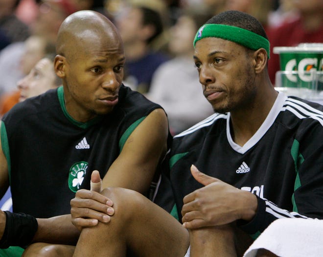 Ray Allen, left, and Paul Pierce look on from the bench in the fourth quarter of the Celtics' loss to the Cavaliers on Sunday in Cleveland.