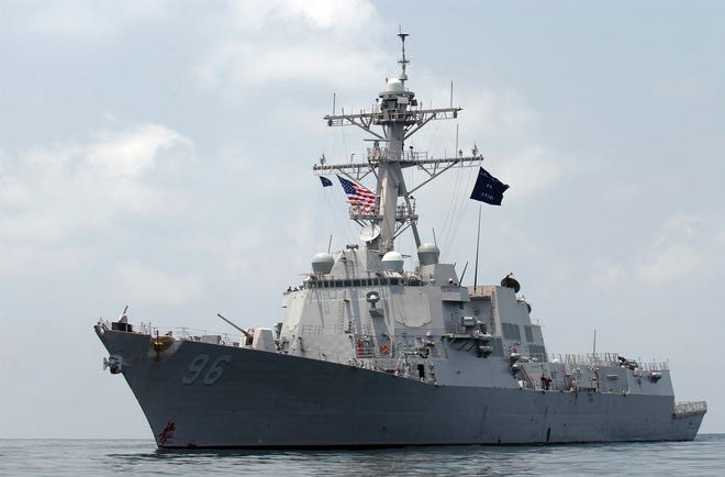 The guided-missile destroyer USS Bainbridge off the coast of Somalia while conducting anti-piracy operations.