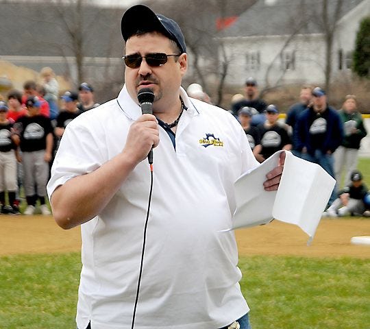 RAY MONGEAU/CITIZEN PHOTO

ROB BEAUDET leads off the opening ceremonies at O'Dell Park during the opening day of the Three Rivers Baseball and Franklin Lassie League.