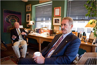 Allen Stanford, right, chariman of Stanford Financial, and his attorney Dick Deguerin, during an interview in Houston on Monday.