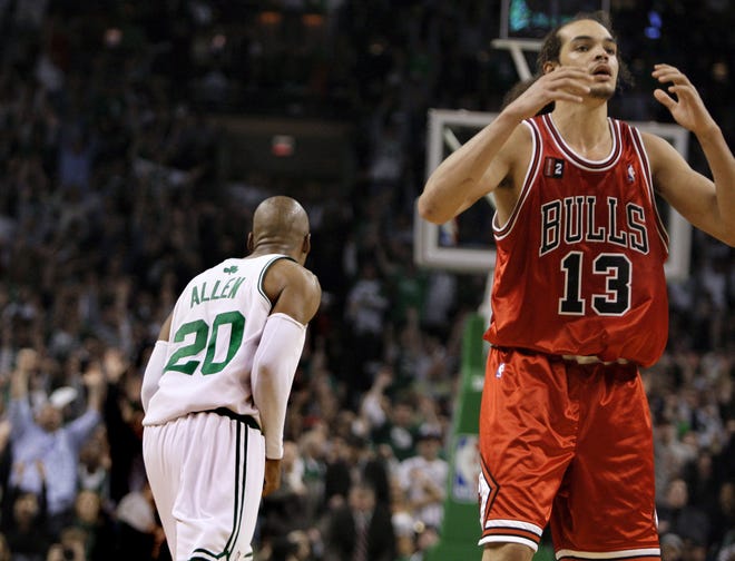 Chicago Bulls center Joakim Noah reacts after Boston Celtics guard Ray Allen sank a 3-point shot in the closing second of the Celtics' 118-115 win in a first-round NBA basketball playoff game in Boston on Monday, April 20, 2009.
